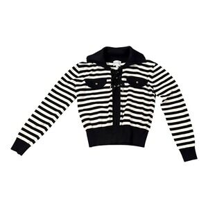 Pink Rose Striped Lace Up Cropped Sweater‎ Black White Nautical Collared XS 711